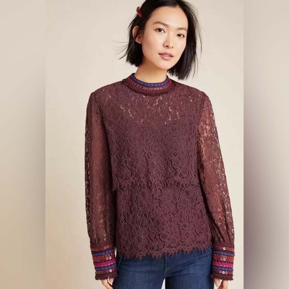 NWT $118 Bl-nk Savannah Lace Top Anthropologie Leather Beaded Fringe Shirt Small